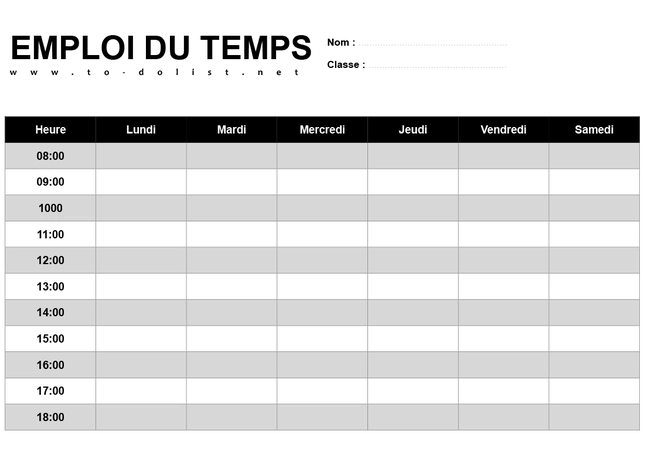 Emploi du temps Word Professionnel