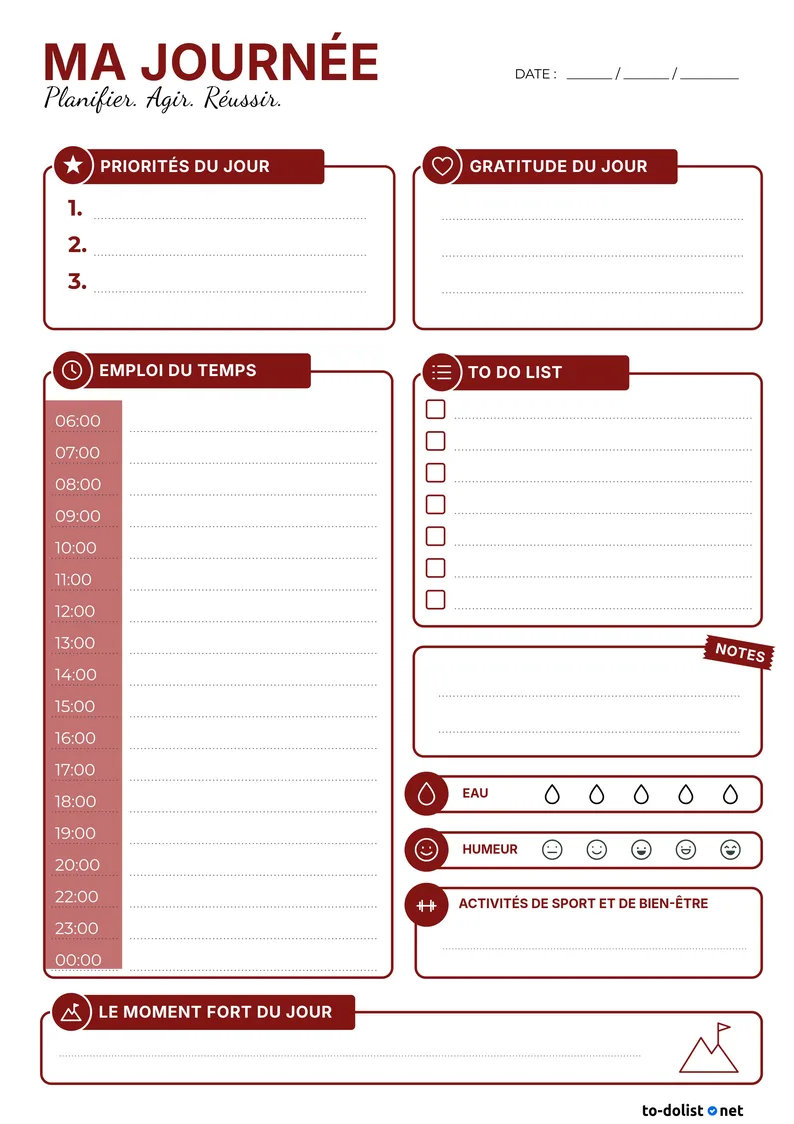 planning journalier à imprimer gratuit avec emploi du temps par heure