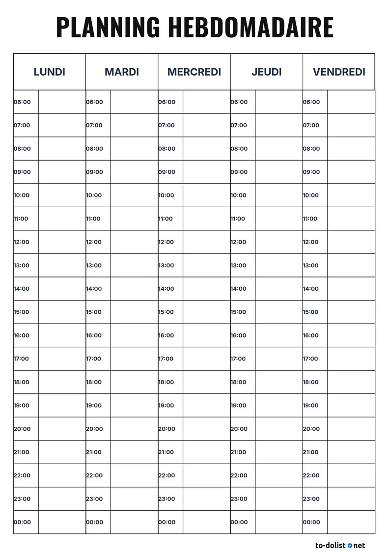 planning hebdomadaire du lundi au vendredi à imprimer de 6h à minuit