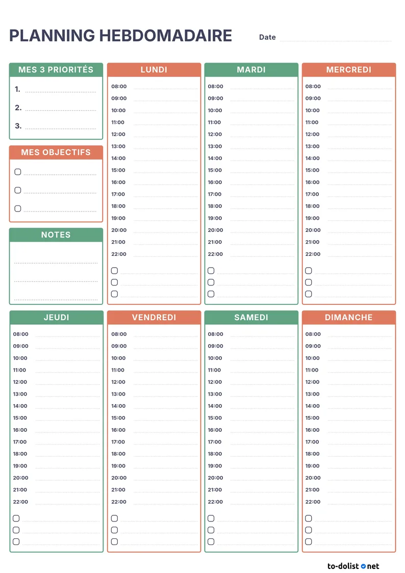 planning hebdomadaire à imprimer avec objectifs, priorités et horaires