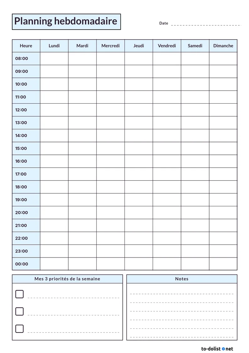 planning hebdomadaire par heure à imprimer de 8h à minuit