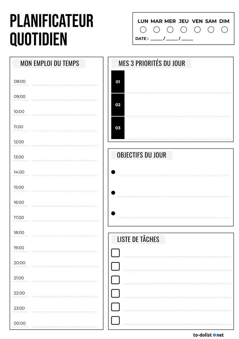 planning journalier minimaliste à imprimer avec emploi du temps et liste de tâches
