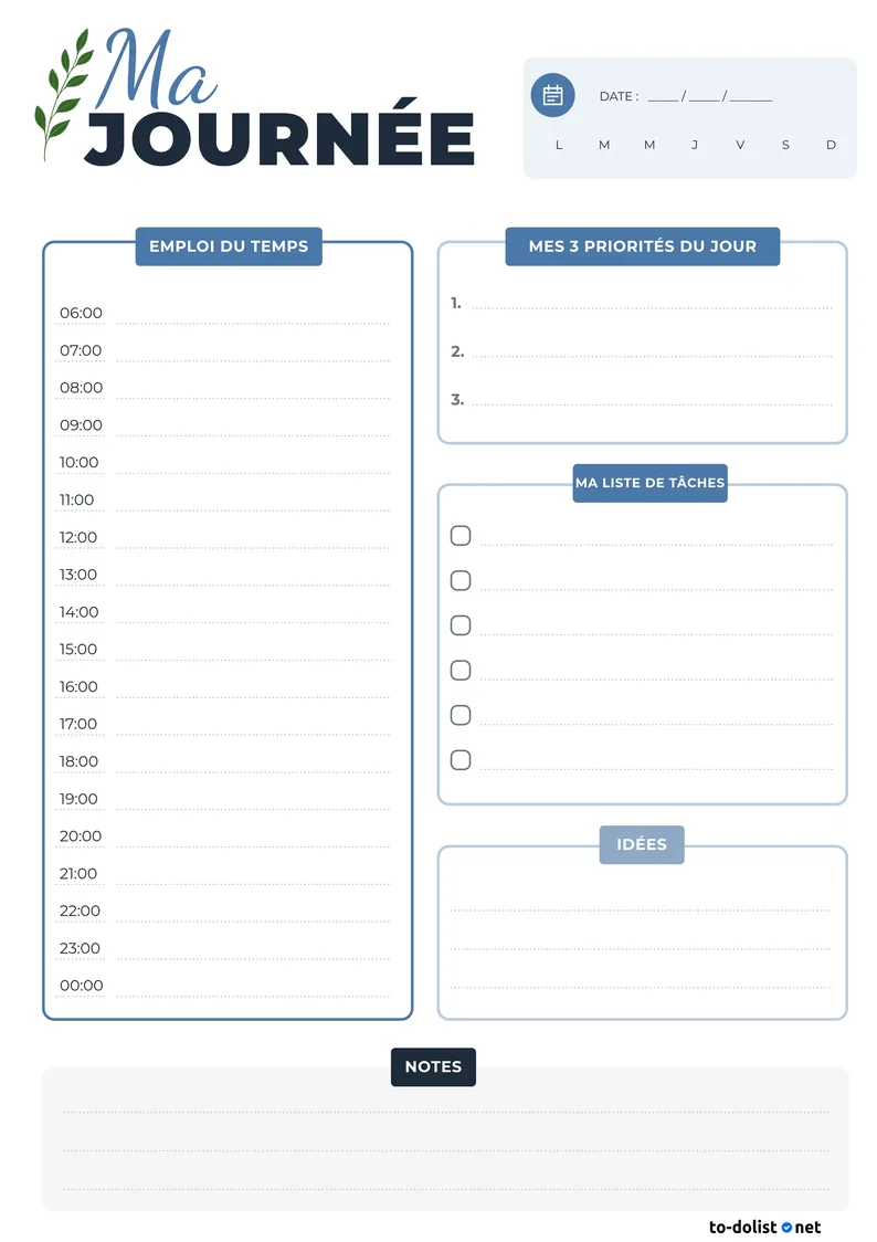 planning journalier par heure à imprimer avec emploi du temps de 6h à minuit