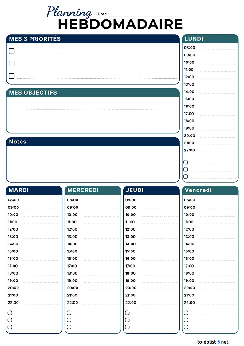 planning semaine à imprimer gratuit avec priorités, objectifs et horaires