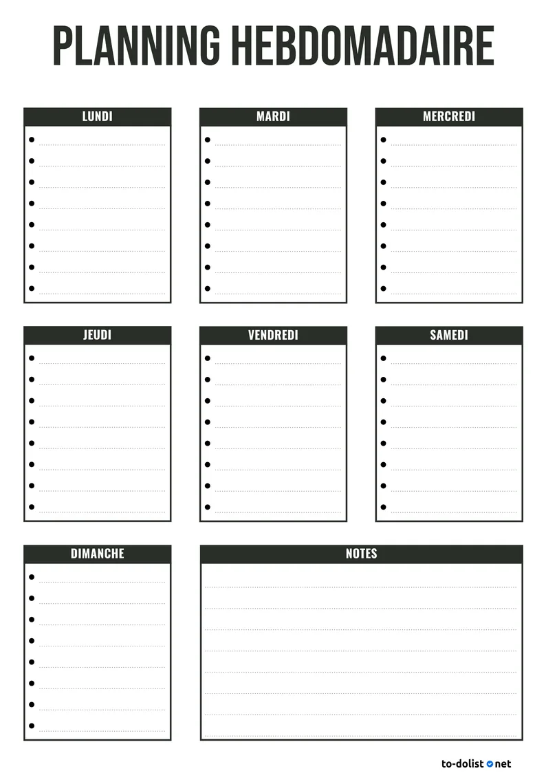 planning semaine simple à imprimer en noir et blanc