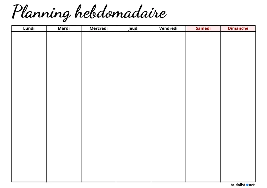 planning semaine vierge à imprimer au format paysage avec 7 colonnes