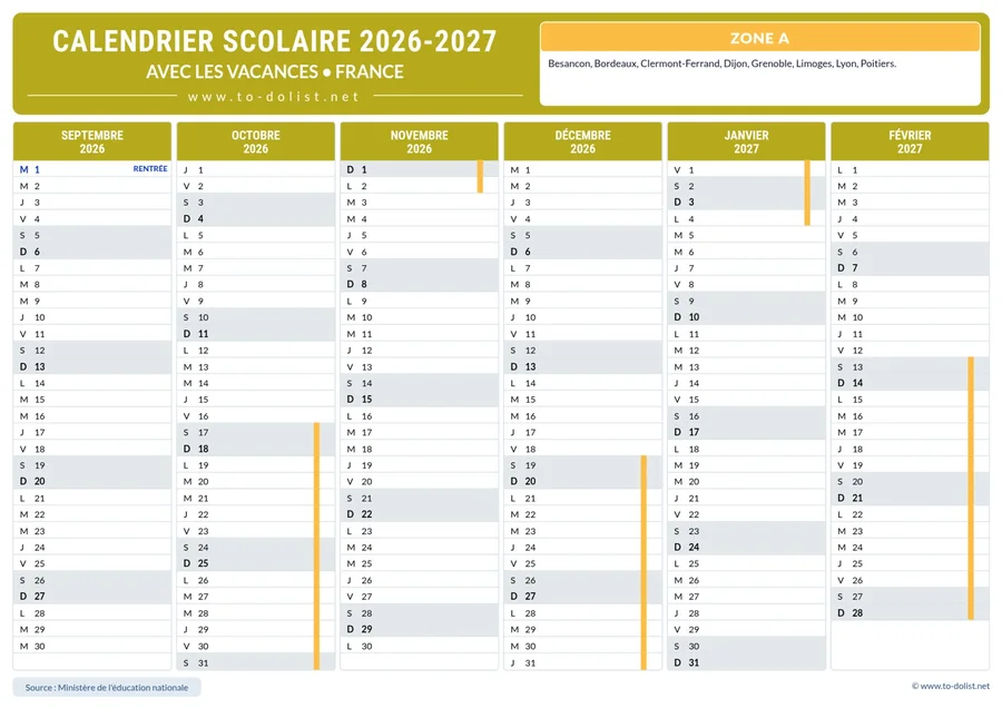 Calendrier de la zone A 2026-2027 – premier semestre de l’année scolaire