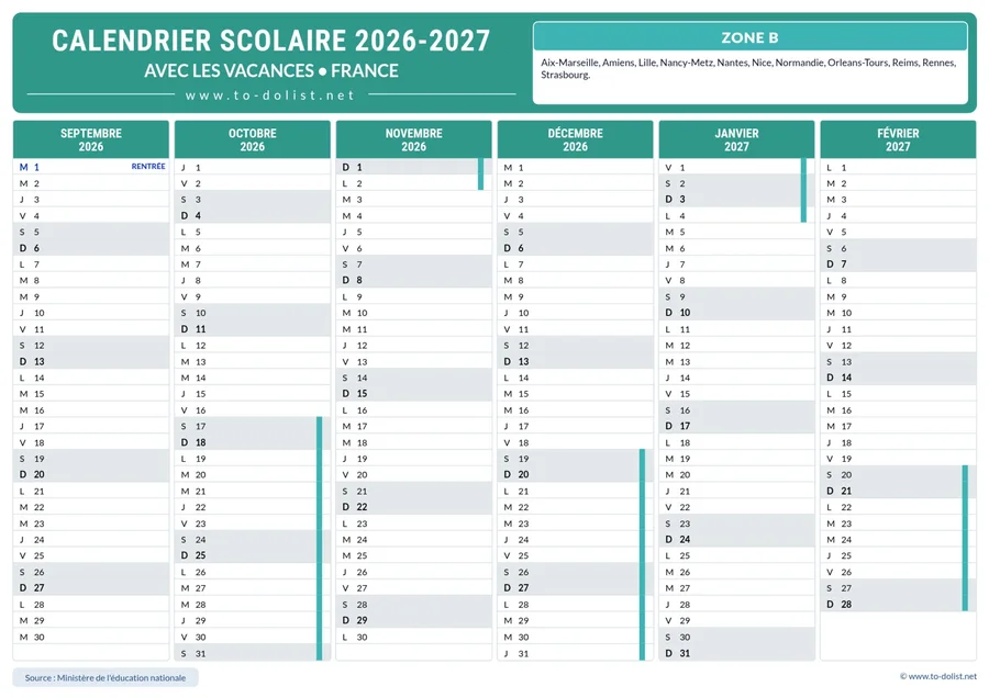 Calendrier de la zone B 2026-2027 – premier semestre de l’année scolaire