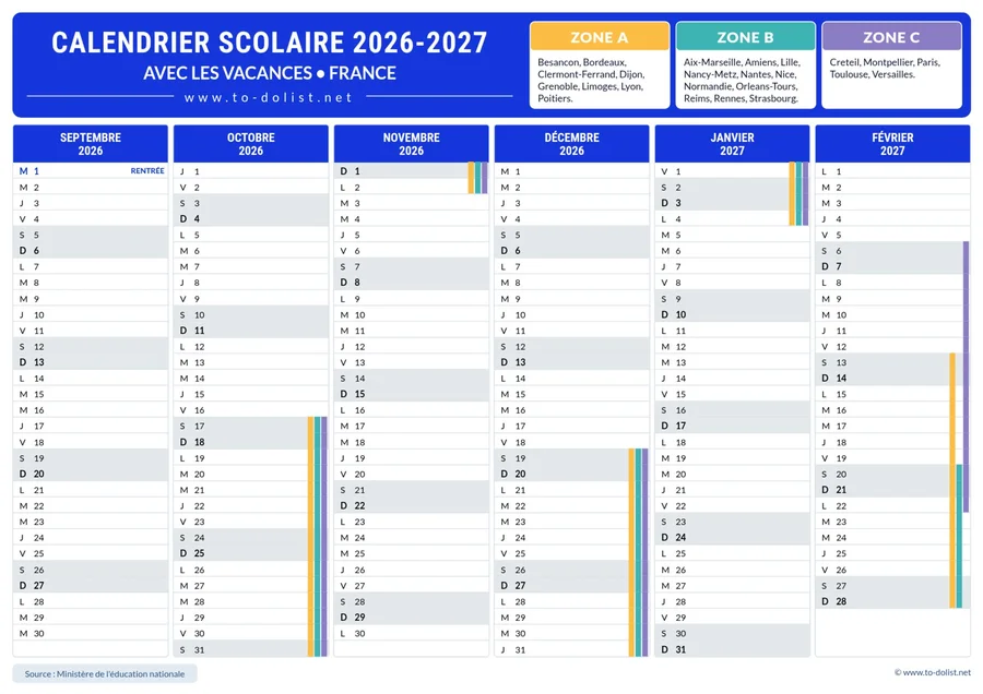 Calendrier des vacances scolaires 2026-2027 – premier semestre de l’année scolaire