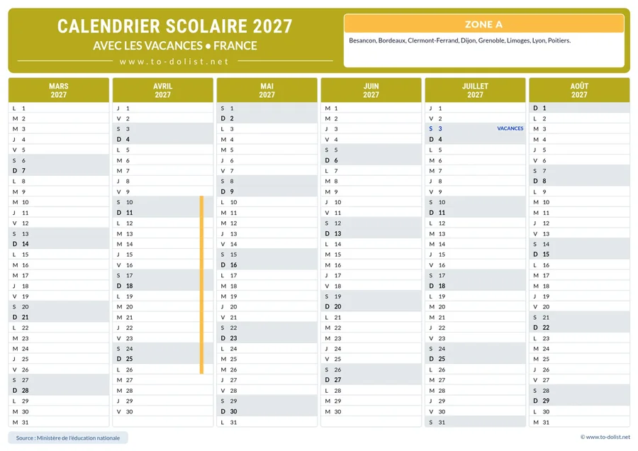 Calendrier de la zone A 2026-2027 – deuxième semestre de l’année scolaire