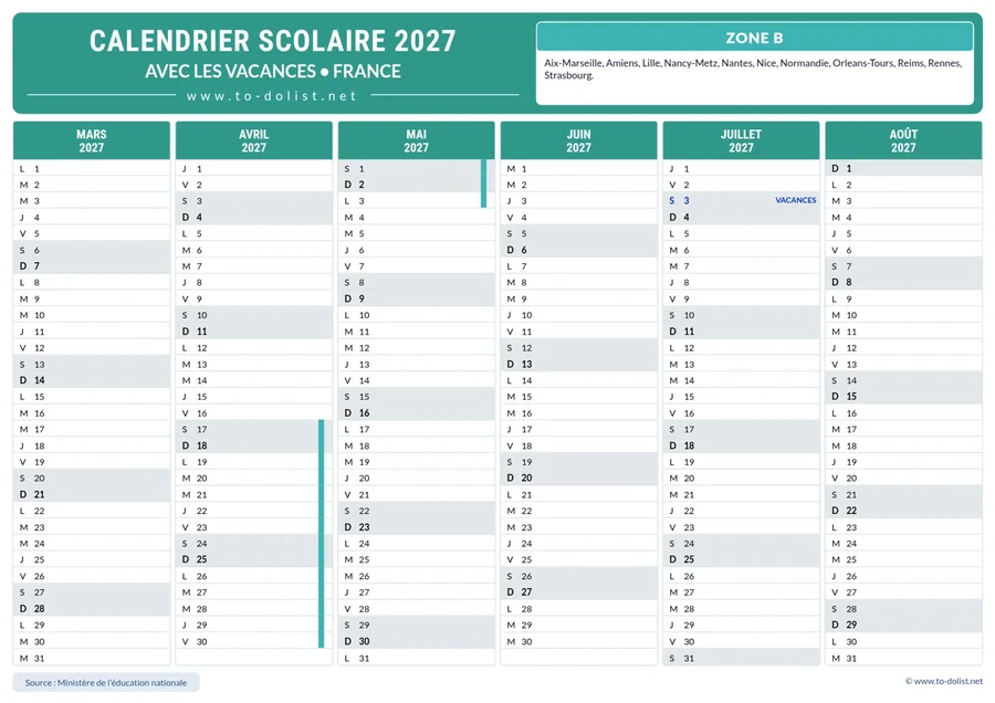 Calendrier de la zone B 2026-2027 – deuxième semestre de l’année scolaire