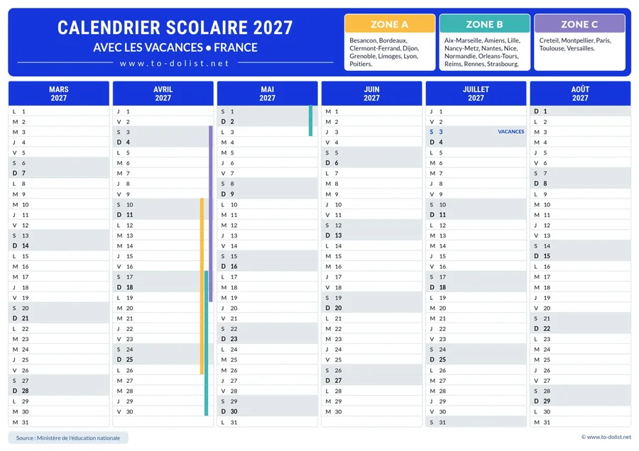 Calendrier des vacances scolaires 2026-2027 – second semestre de l’année scolaire