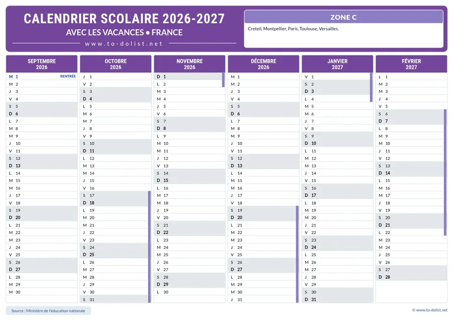 Calendrier de la zone C 2026-2027 – premier semestre de l’année scolaire