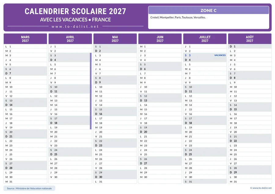 Calendrier de la zone C 2026-2027 – deuxième semestre de l’année scolaire