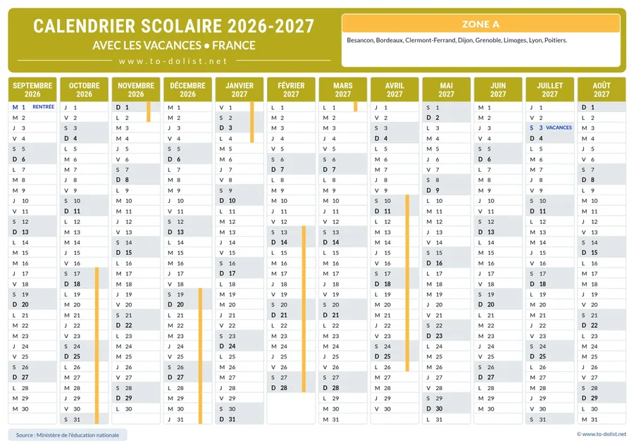 Calendrier de la zone A 2026-2027 – année scolaire complète