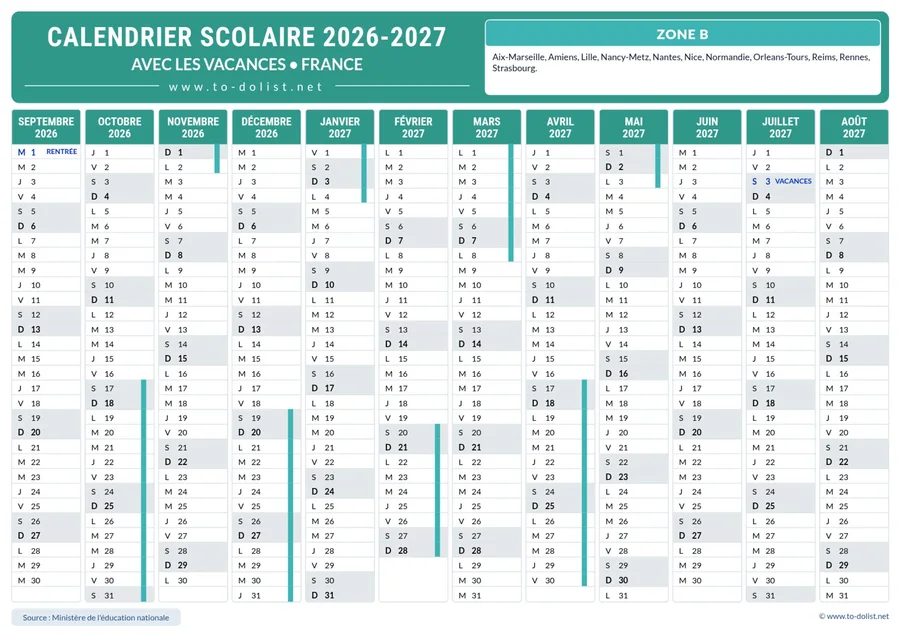 Calendrier de la zone B 2026-2027 – année scolaire complète