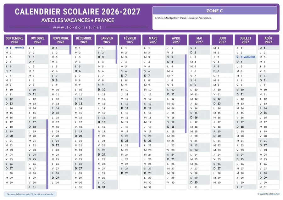 Calendrier de la zone C 2026-2027 – année scolaire complète