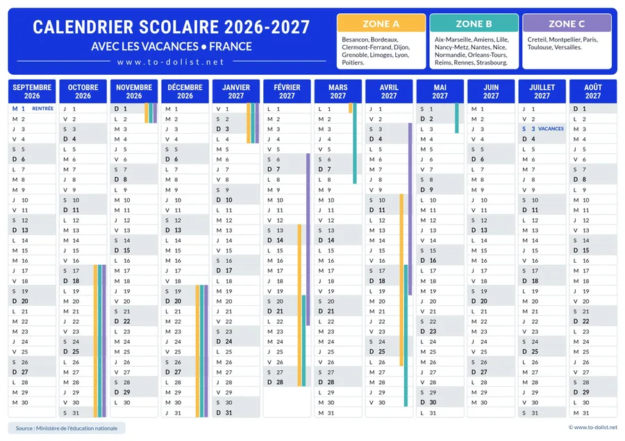 calendrier des vacances scolaires en france 2026-2027