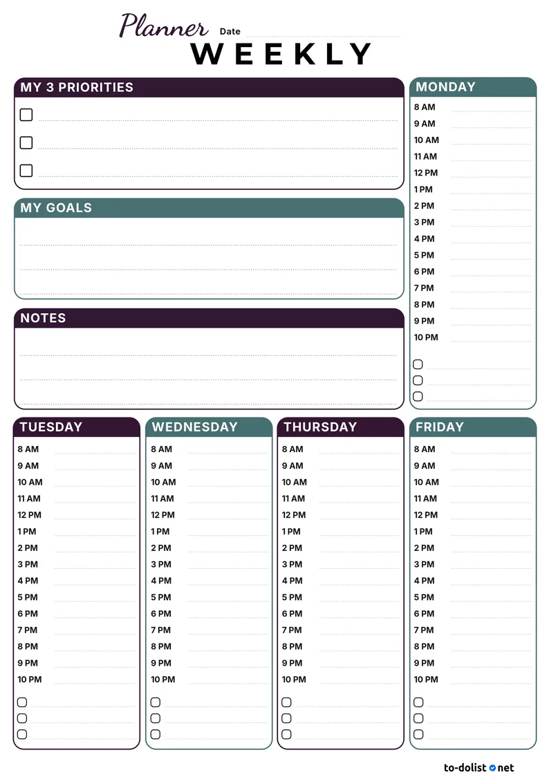 5 day weekly planner printable for the work week with priorities and goals