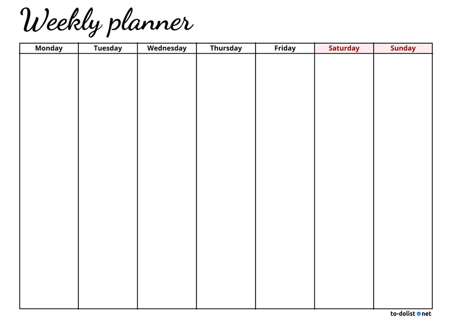 horizontal weekly planner printable in landscape with 7 blank columns