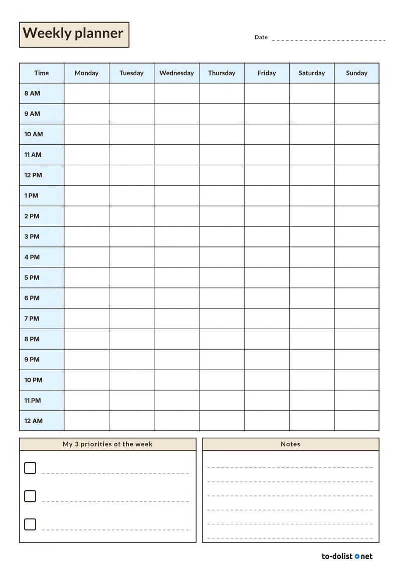 hourly weekly planner printable with time slots from 8 AM to midnight