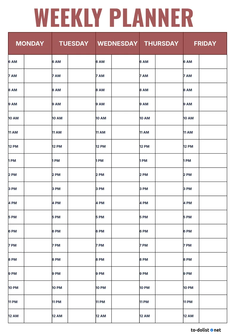 monday to friday weekly schedule printable from 6 AM to midnight