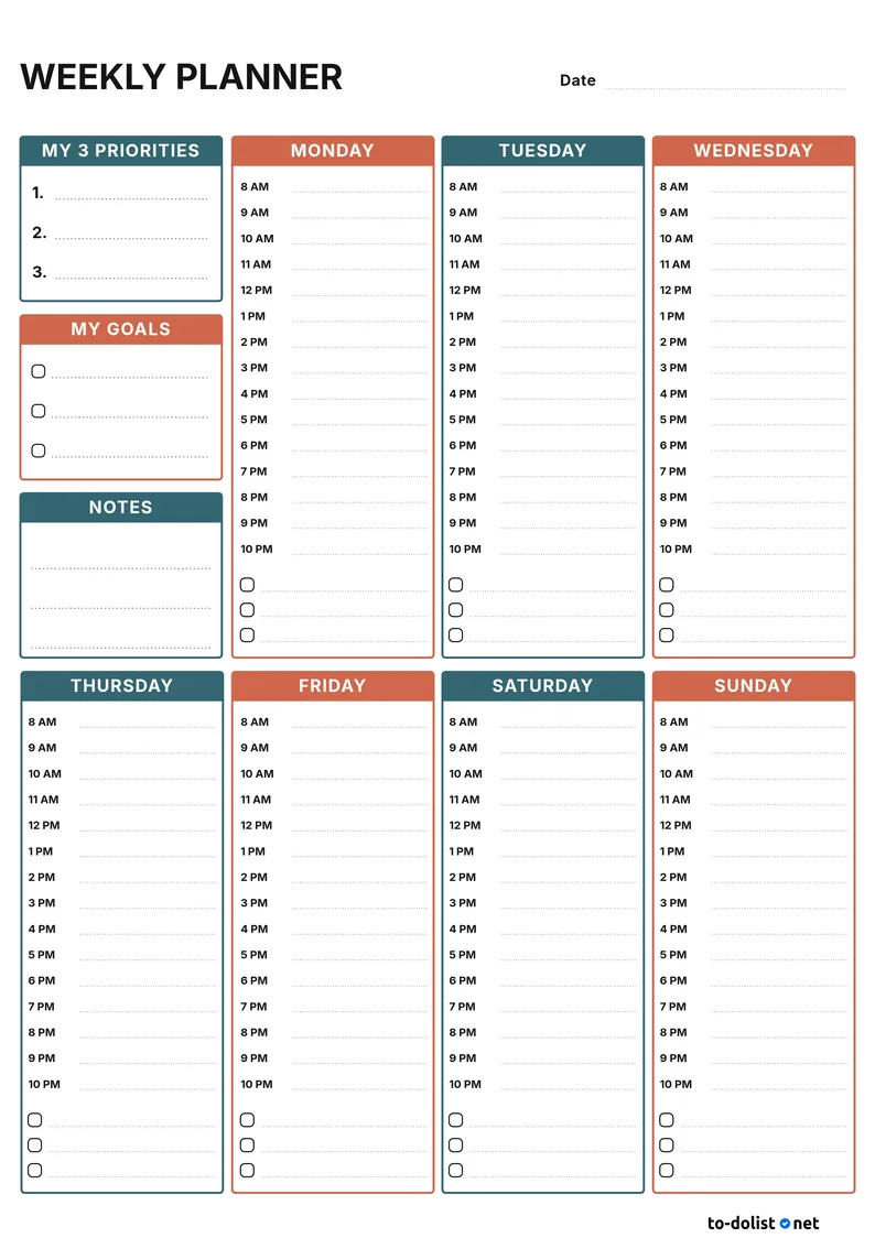 free printable weekly planner with priorities, goals and hourly schedule