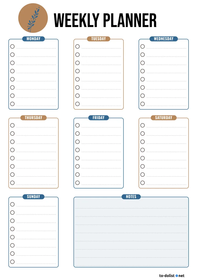 weekly planner with to-do list for each day of the week